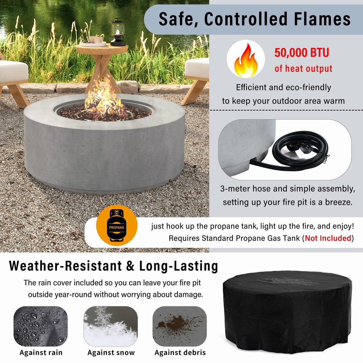38" Round Propane Fire Pit Table Patio Heater 50,000 BTU Outdoor Firepit