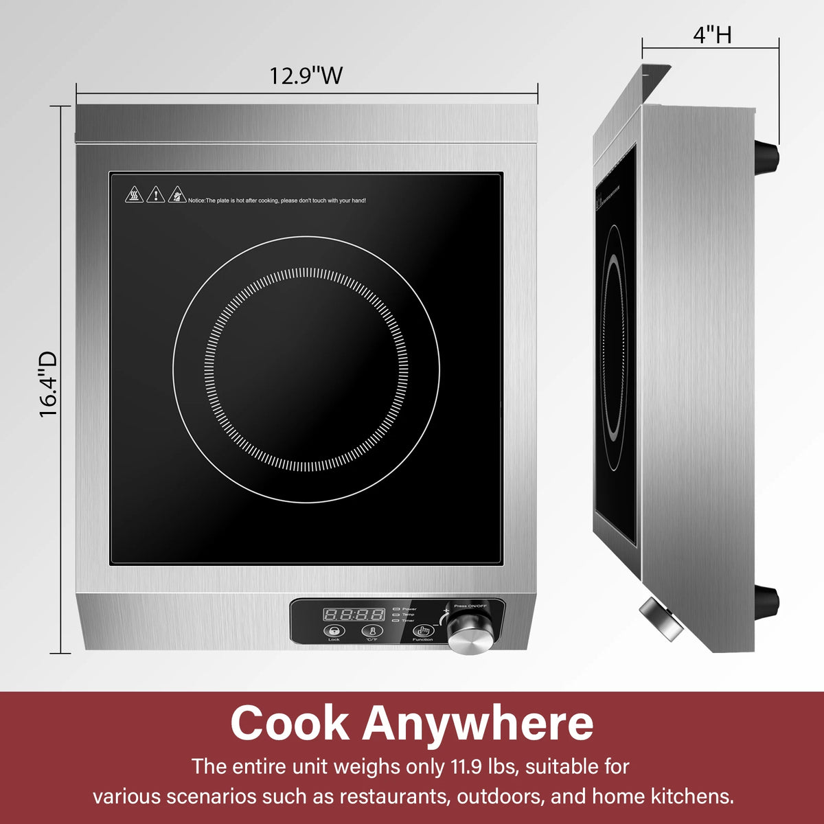 Commercial Induction Cooktop,1800W Induction Burner with Sensor Touch, Knob and LCD Screen,ETL-Certified Single Electric Burner