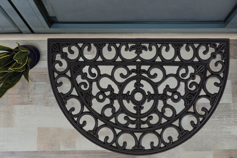 Half Round Fleur de Lis Filigree Iron Rubber Welcome Doormat
