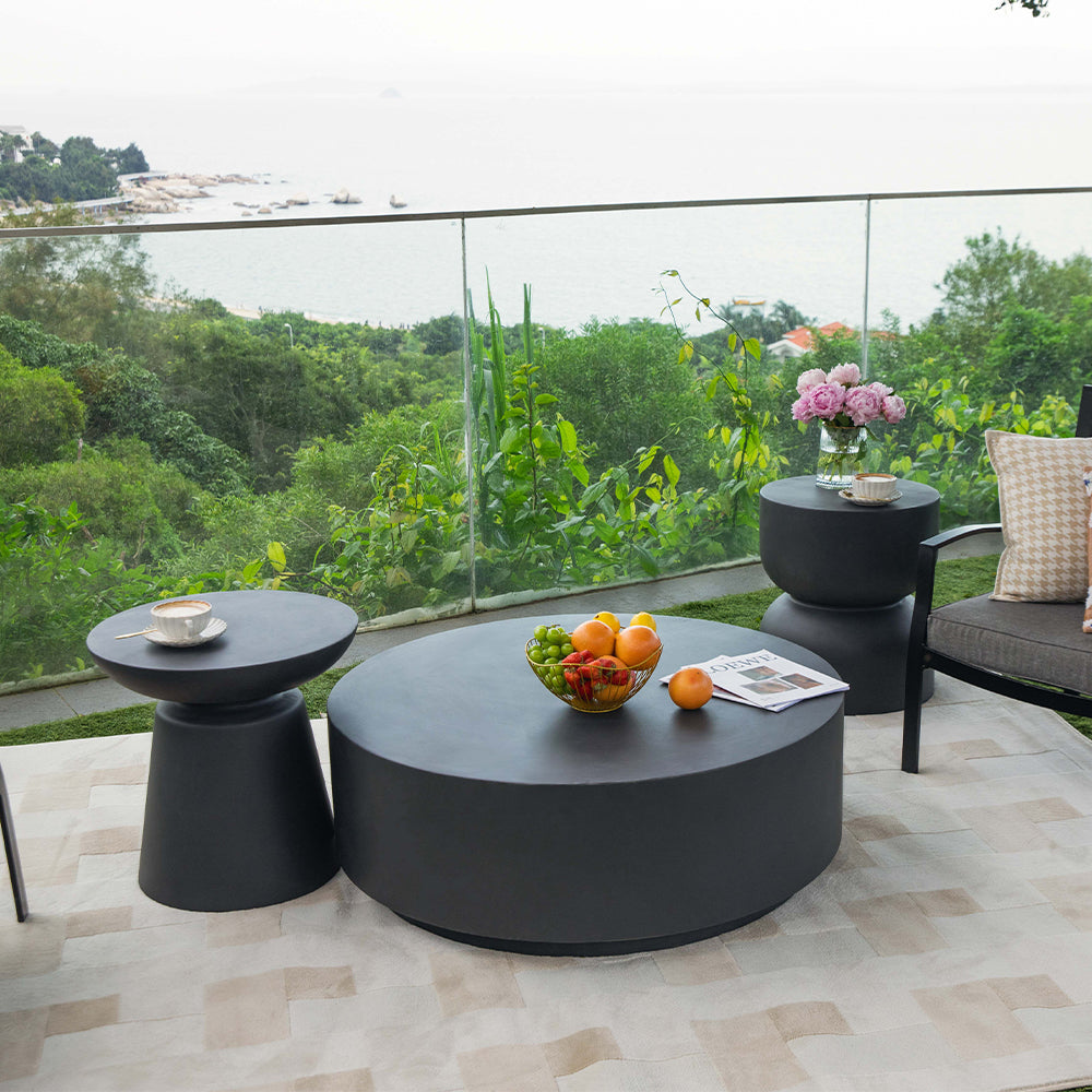 Elementi Rome Round Patio Coffee Table Indoor Outdoor Furniture Concrete, Slate Black - 40 x 40 Inches