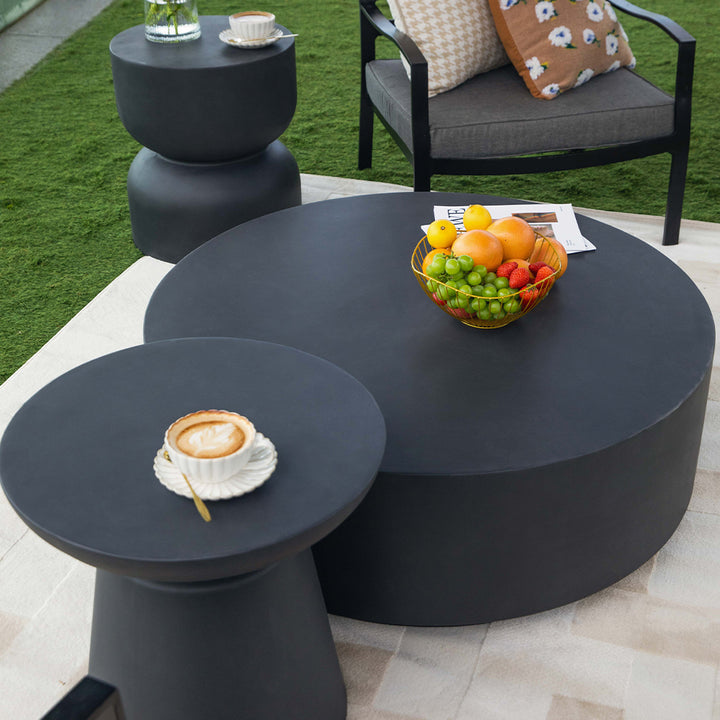 Elementi Rome Round Patio Coffee Table Indoor Outdoor Furniture Concrete, Slate Black - 40 x 40 Inches