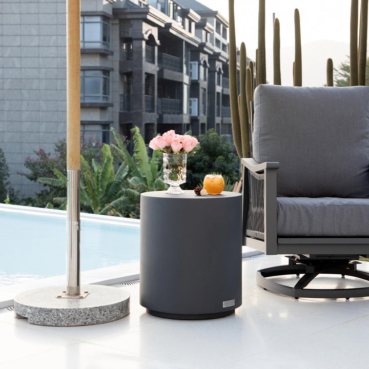 Elementi Rome Round Patio Side Table Indoor Outdoor Furniture Concrete, Slate Black - 17.7 x 17.7 Inches