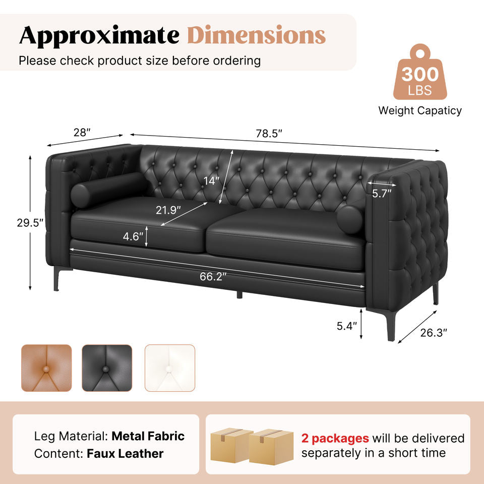 Modern Chesterfield Convertible Loveseat Waterproof Faux Leather Sofa Cooling Wide Seat Bolster Pillows for Apartment School
