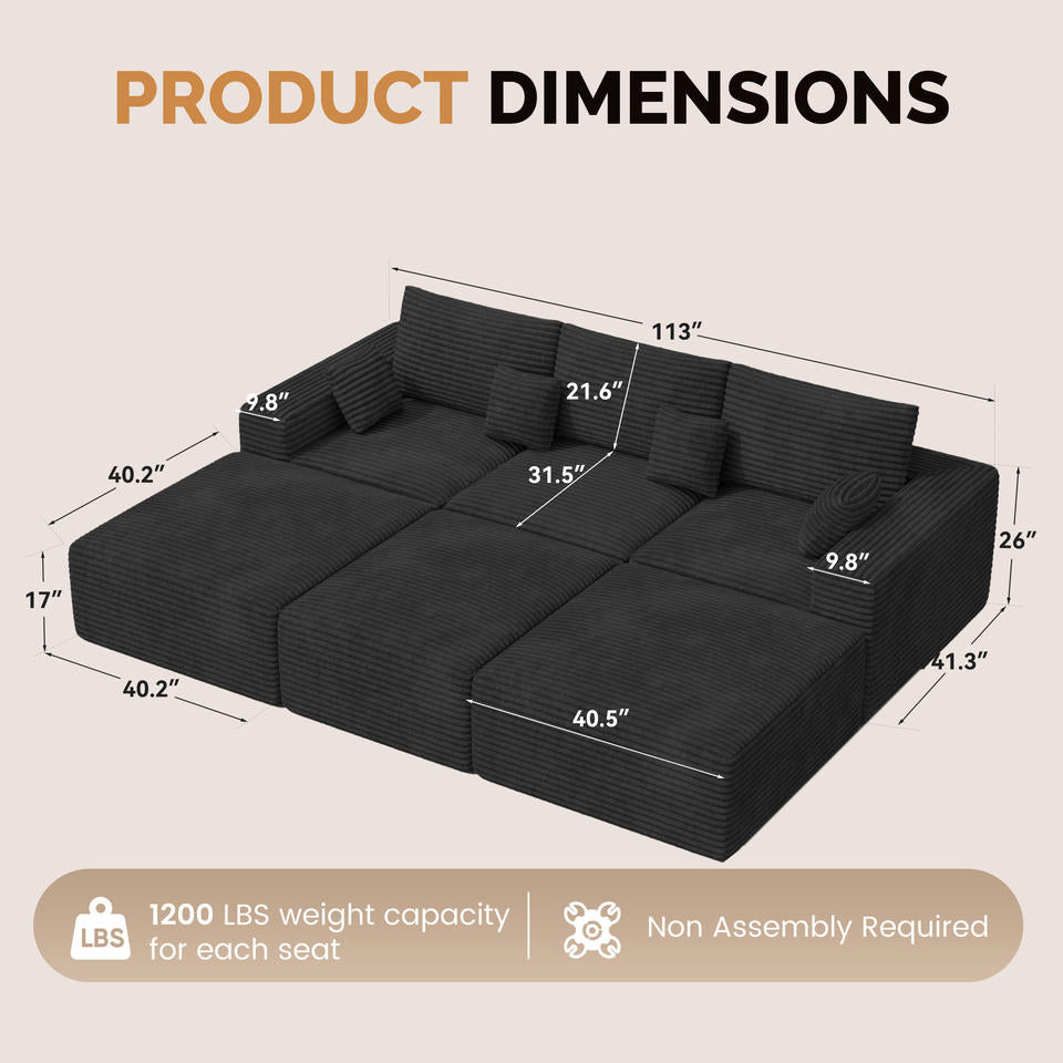Corduroy Modular Sectional Sofa Non-Assembly Design Foldable Metal Frame Modern Extra Wide Armrest Ergonomic Sofa Living Room