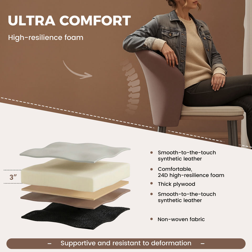Modern Ergonomic Lightweight PU Leather Upholstered Waterproof Stable Dining Chair Curved Backrest for Home Dining Living Rooms (Set of 4)
