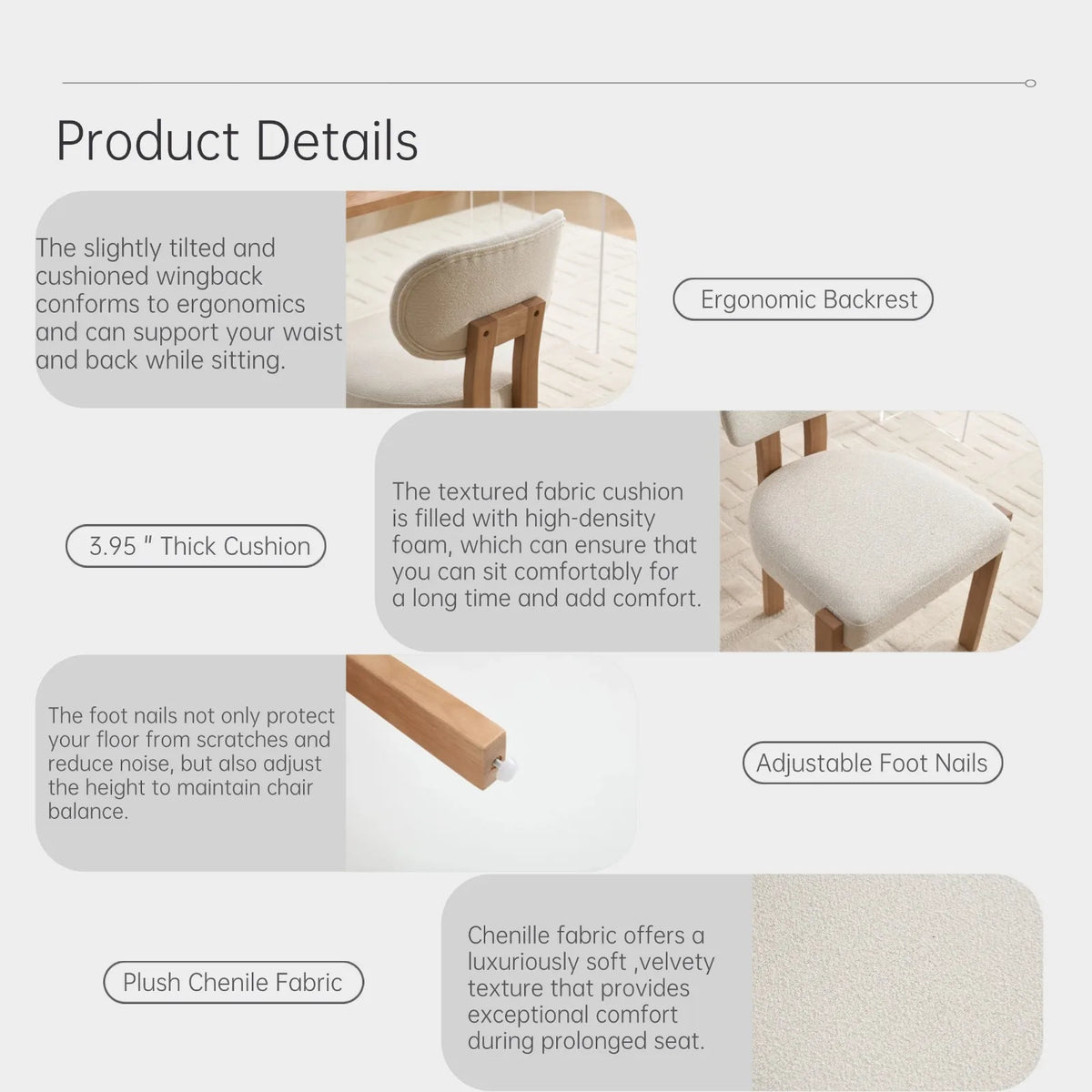 Modern Dining Room Chairs Set of 2, Minimalist Upholstered Chenile Fabric Kitchen Chair with Wooden Legs (Lake Blue/beige/grey)
