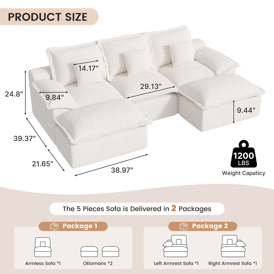 Modular Modern Square Chenille Upholstered Sofa Bed Set with 2 Ottomans 3-Seater No Assembly Required Sponge-Filled for Hall Use