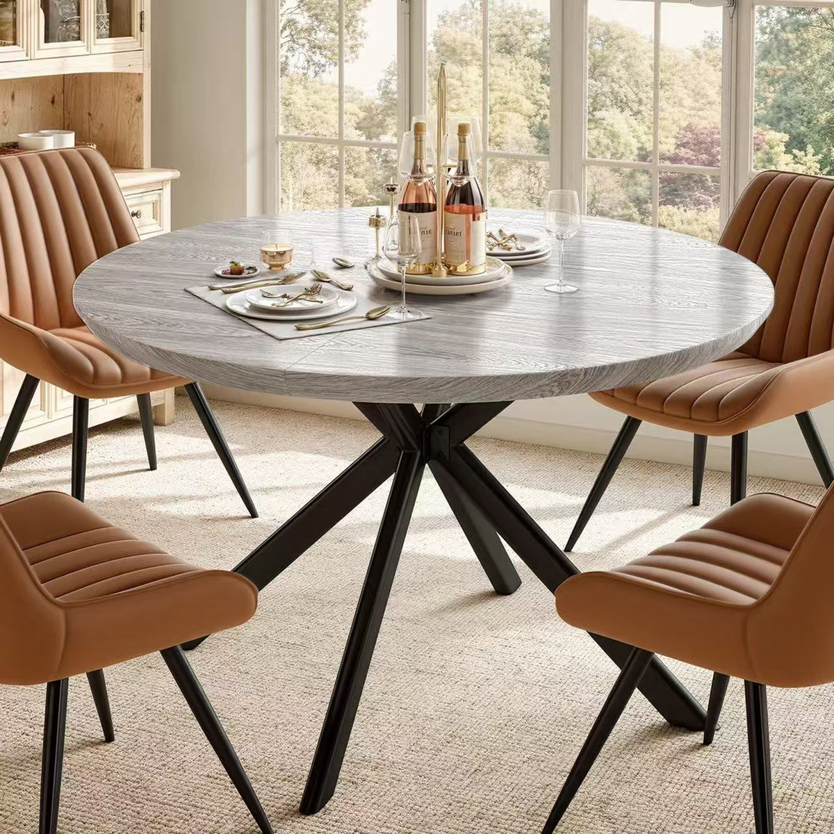Modern Extendable Dining Table Set Hidden Storage Upholstered Chairs Solid Wood Assembled 4-Seater Waterproof Dining Room