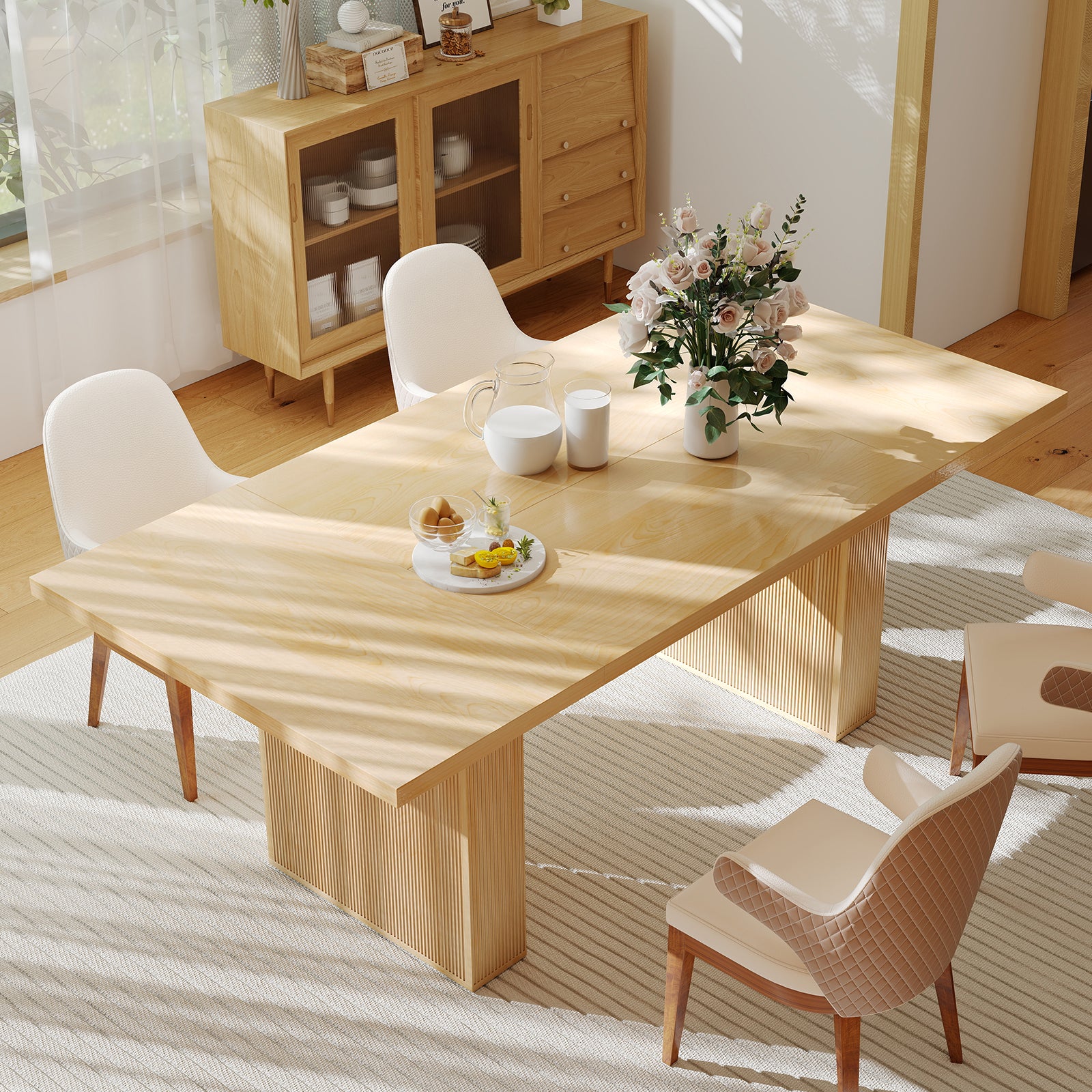 Rectangular solid wood dining table for 2 with grooved wood-strip base in warm walnut finish