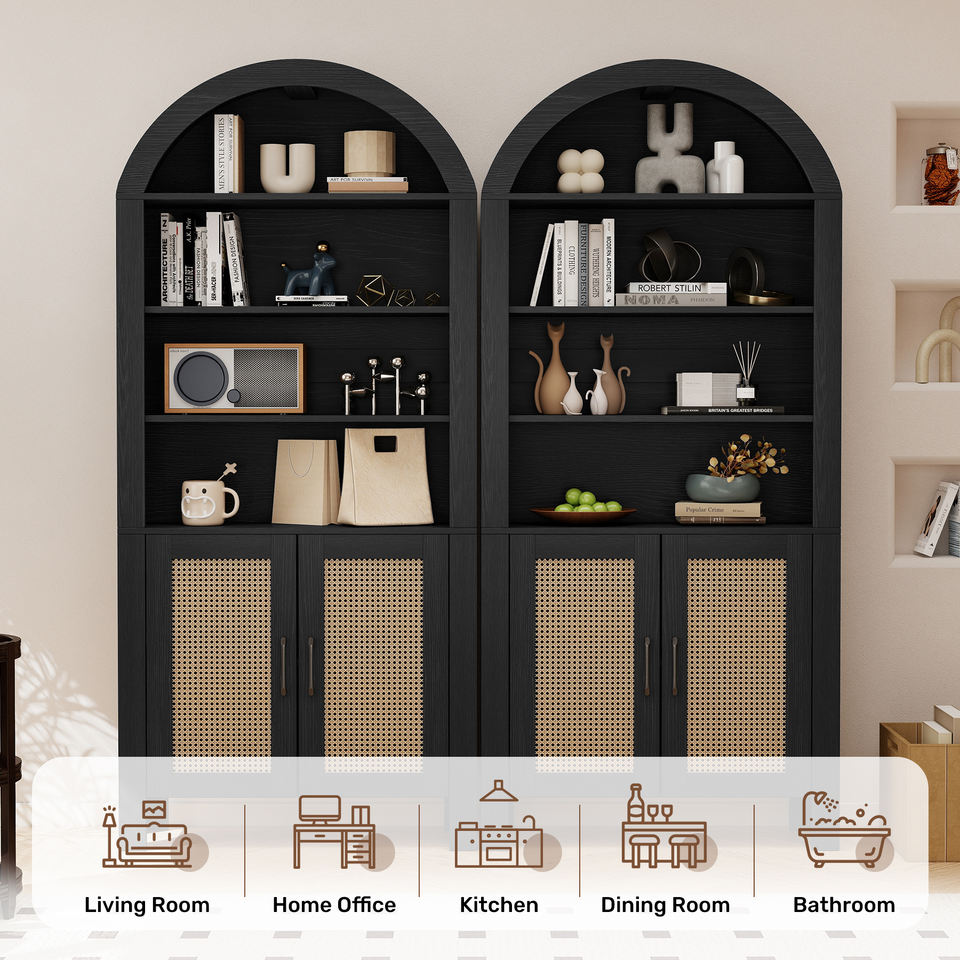 Arched Modern Eco-Friendly Durable Wood Multifunction Bookshelf Rattan Doors Adjustable Shelves Tall Ample Storage Display