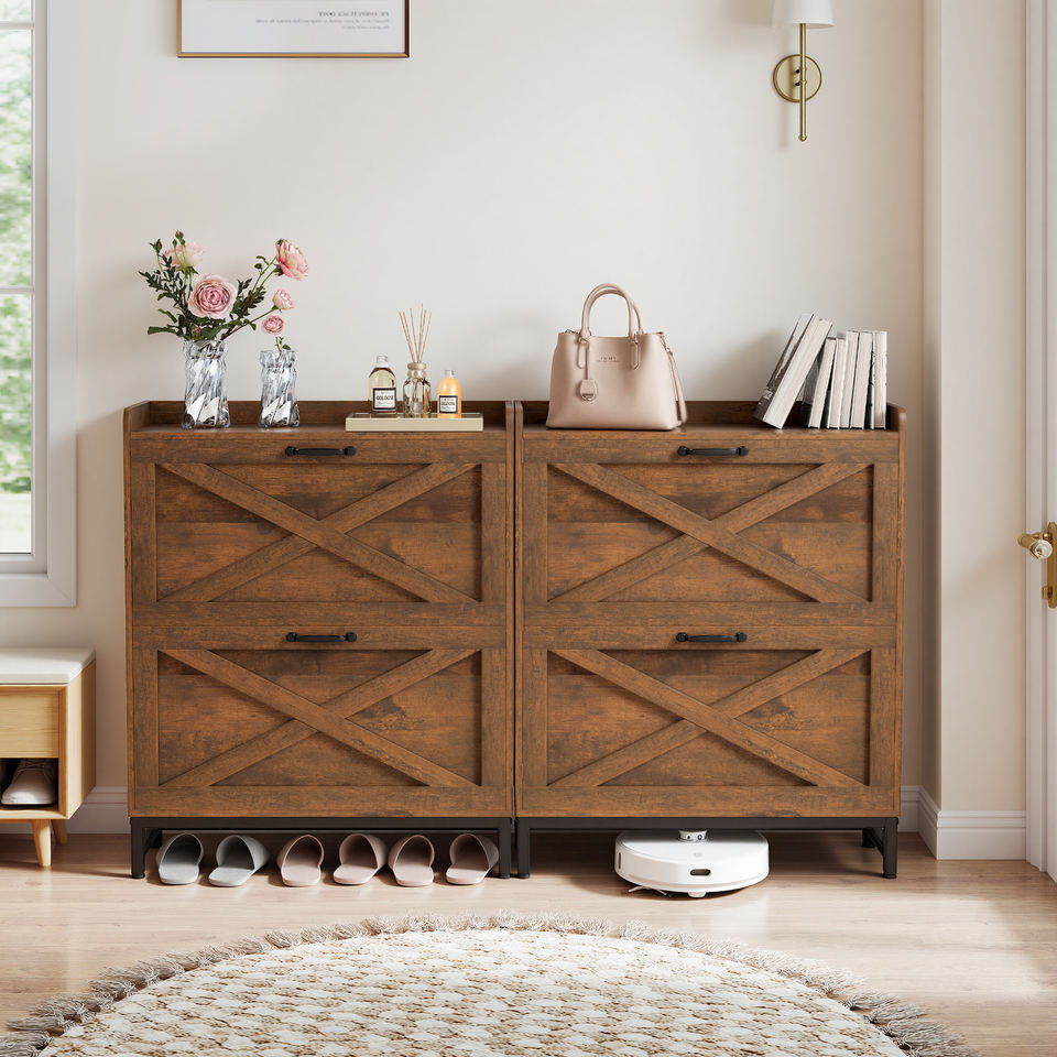 Wood shoe storage cabinet showing barn door front sliding open to reveal shelves