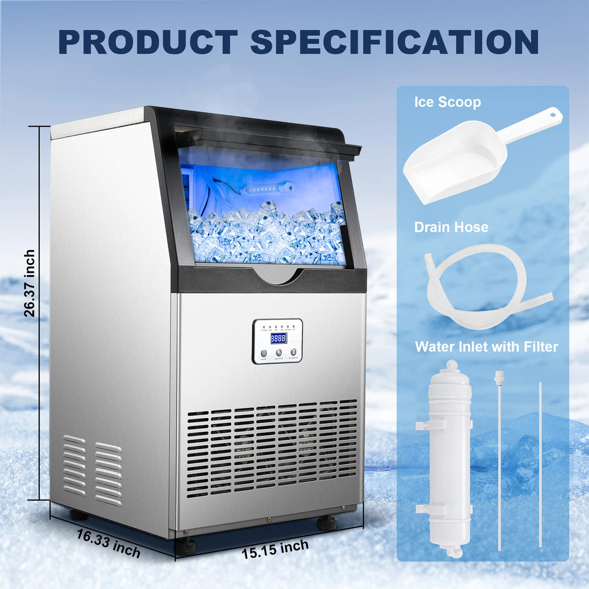 Ice Maker,110LBS/24H Commercial Ice Machine Stainless Steel Ice Maker Machine with 25LBS Capacity,45 Ice Cubes - view 3