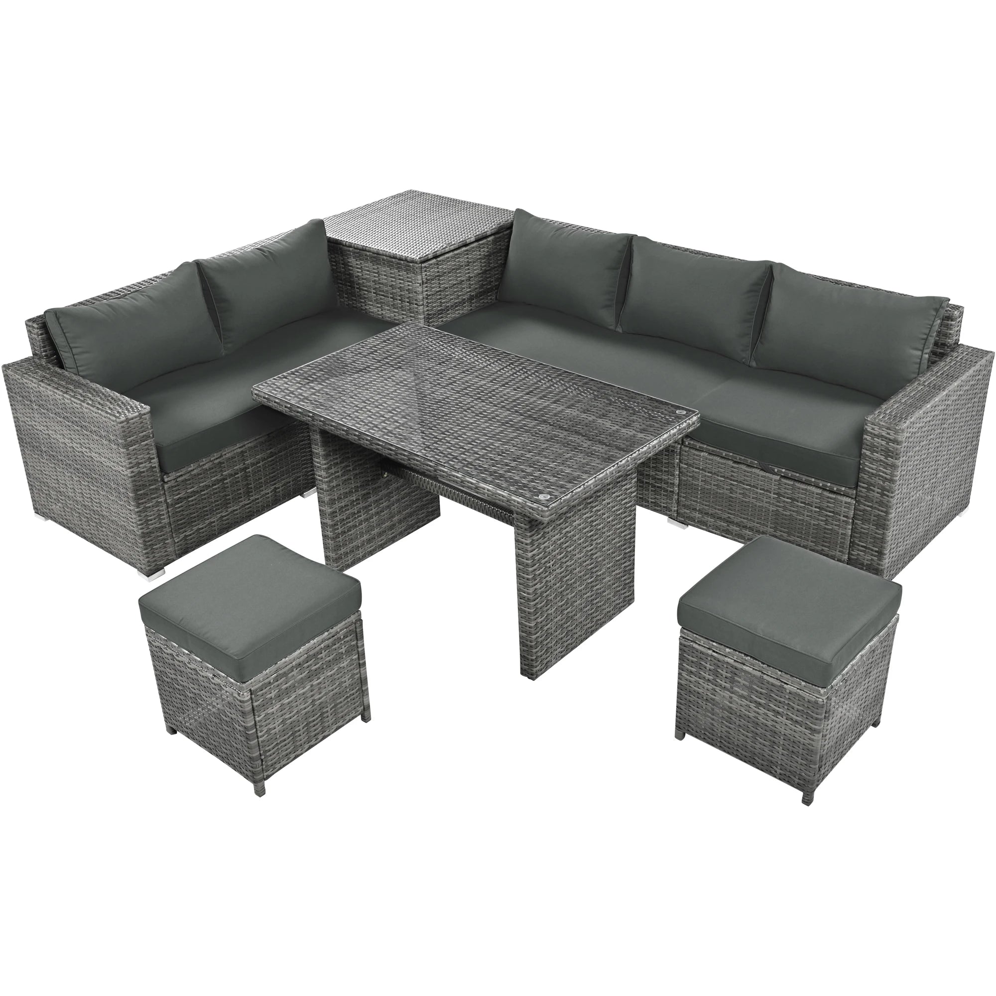 6-Piece Outdoor Wicker Rattan Patio Conversation Set with Adjustable Seat, Storage Box
