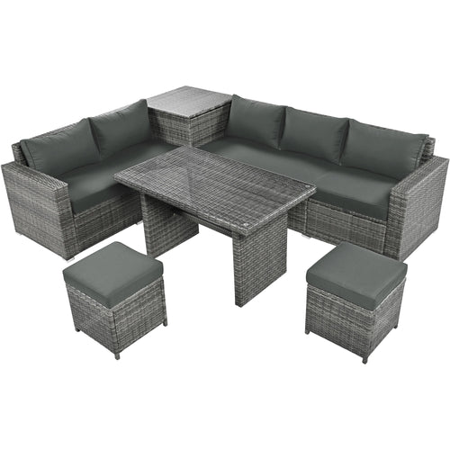 6-Piece Outdoor Wicker Rattan Patio Conversation Set with Adjustable Seat, Storage Box