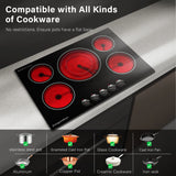 30 Inch Built-in Electric Cooktop with Expandable Triple Ring Burners, 5 Burner 9000W Ceramic Stove Top - Easy Knob Controls