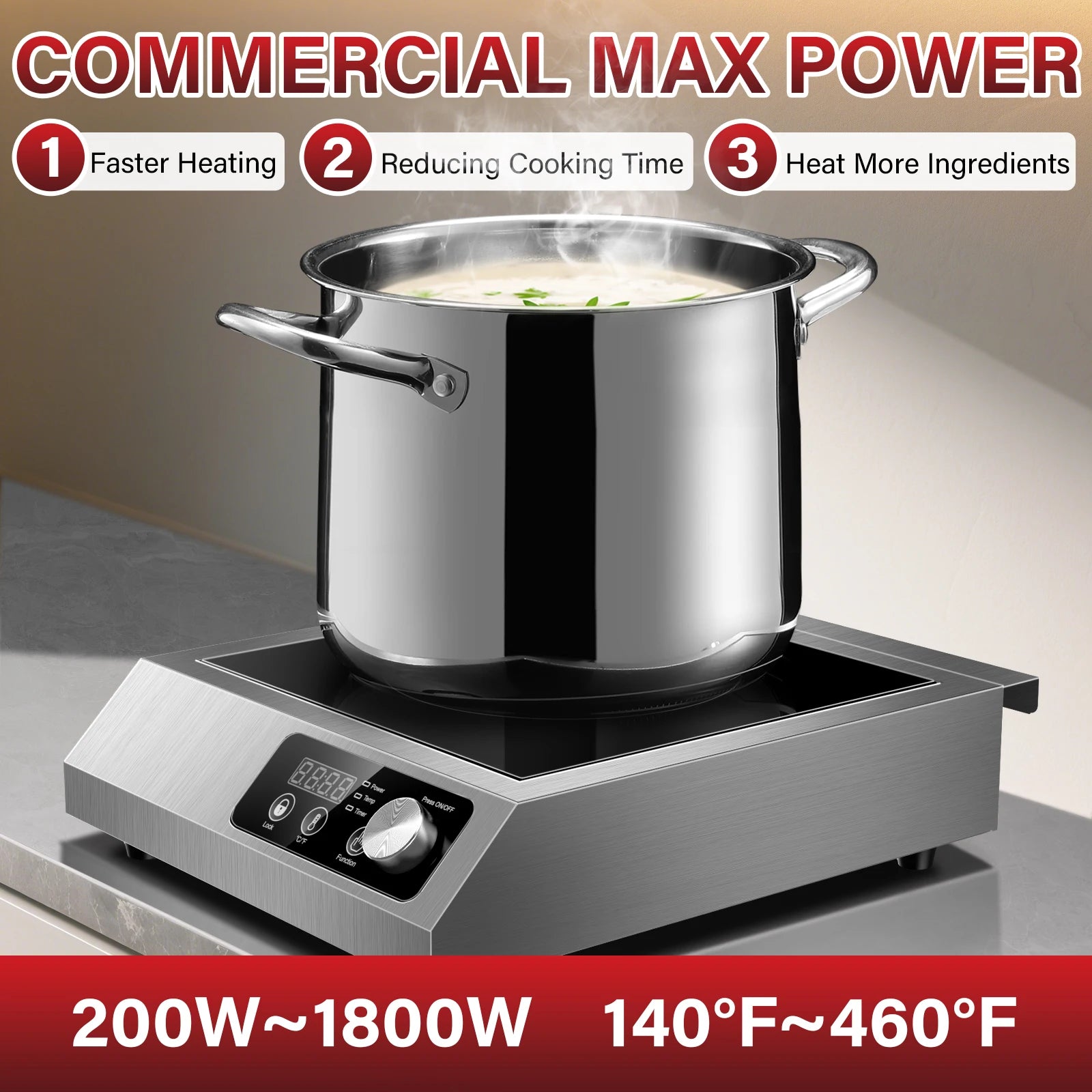 Commercial Induction Cooktop,1800W Induction Burner with Sensor Touch, Knob and LCD Screen,ETL-Certified Singl - view 3