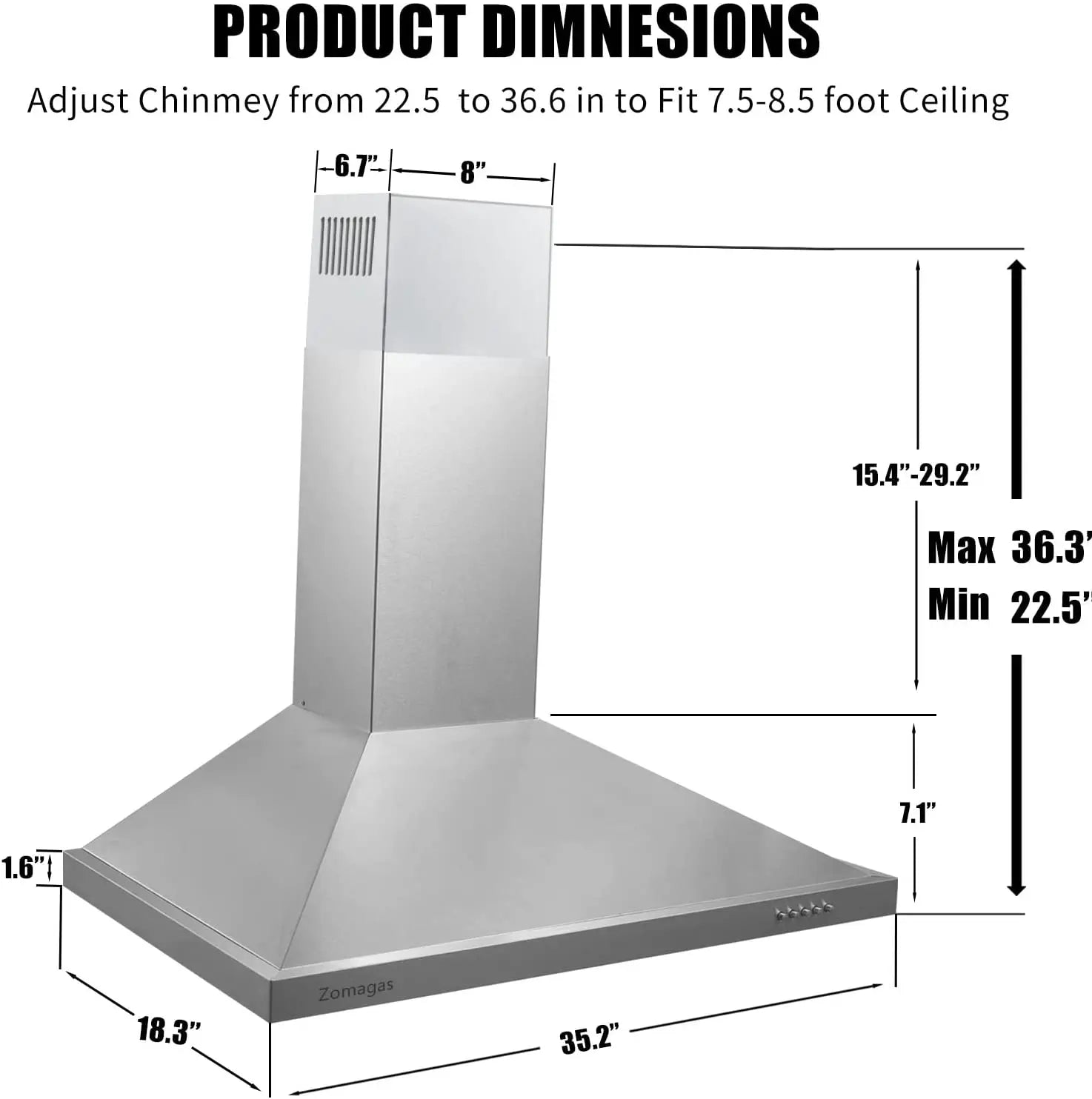 36 Inch Range Hood, Wall Mounted Vent Hood in Stainless Steel,3 Speed Exhaust Fan, 3 Pcs Baffle Filters, Energy Saving LED Light