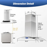Island Range Hood 36 Inch 700 CFM Ceiling Mount Kitchen Stove Hood Ducted with Tempered Glass 4 LED Lights Gesture/Touch Control
