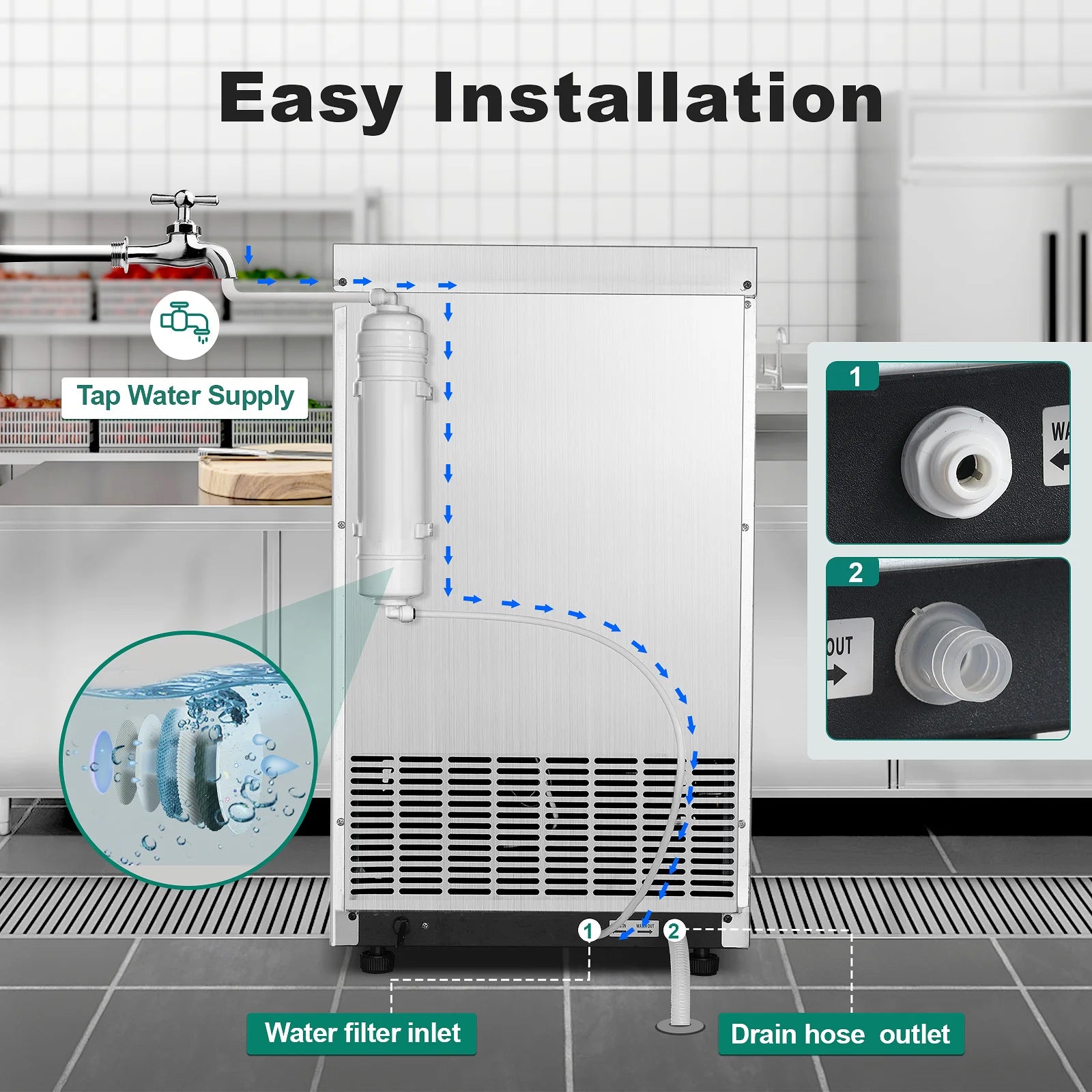 Commercial Ice Maker, 100lbs/24H Ice Maker Machine, Auto Self-Cleaning, LED Digital Display, Under Counter/Fre - view 2