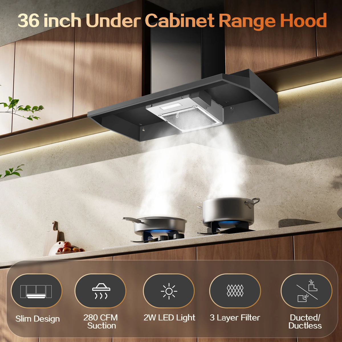 Range Hood 36 Inch Under Cabinet, Stainless Steel Kitchen Vent Hood 280CFM, Built-in Kitchen Stove Hood W/Rocker Button Control