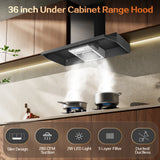 Range Hood 36 Inch Under Cabinet, Stainless Steel Kitchen Vent Hood 280CFM, Built-in Kitchen Stove Hood W/Rocker Button Control