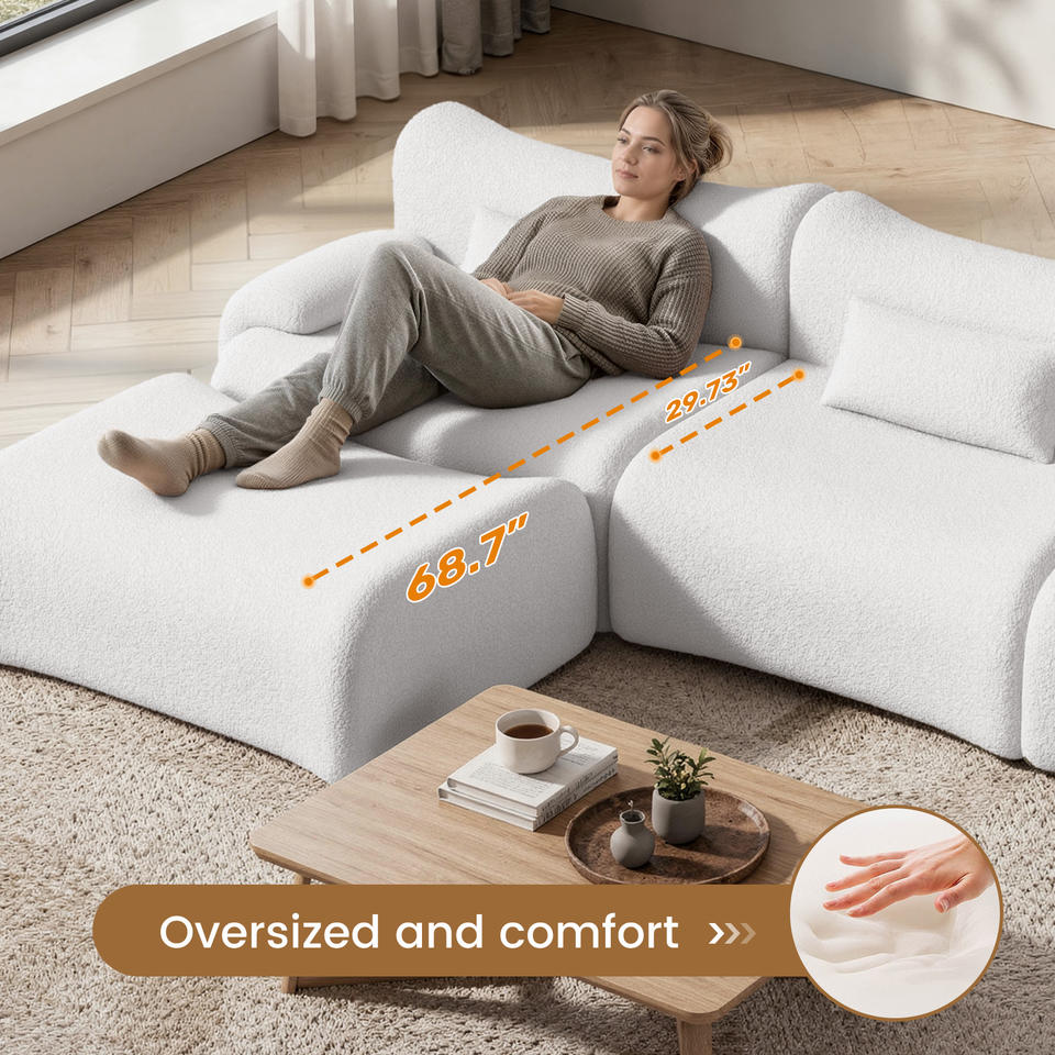 Velvet Teddy Fabric Modular Sofa Ottoman Ergonomic Curved Design No Assembly Required Oversized L-Shape Sofa Bed Upholstered