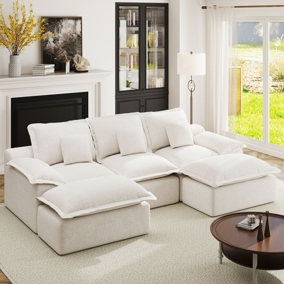 Modular Modern Square Chenille Upholstered Sofa Bed Set with 2 Ottomans 3-Seater No Assembly Required Sponge-Filled for Hall Use