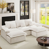 Modular Modern Square Chenille Upholstered Sofa Bed Set with 2 Ottomans 3-Seater No Assembly Required Sponge-Filled for Hall Use
