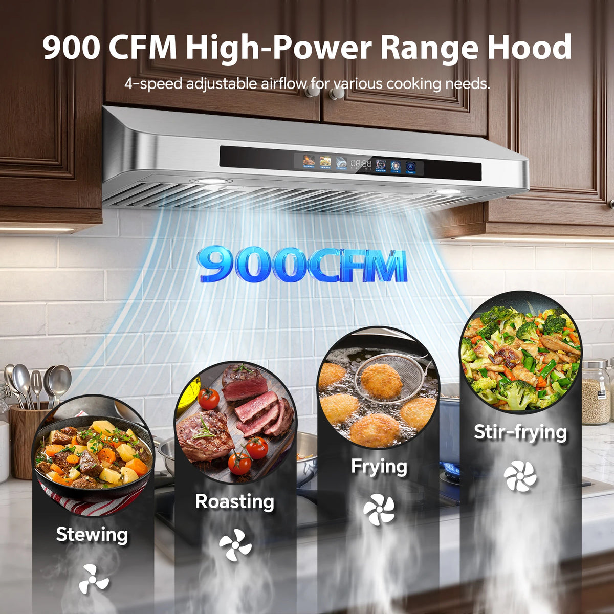 Tieasy Under Cabinet Range Hood 30 Inch, 900 CFM  Voice/Gesture/Remote/Touch Control, Memory Function