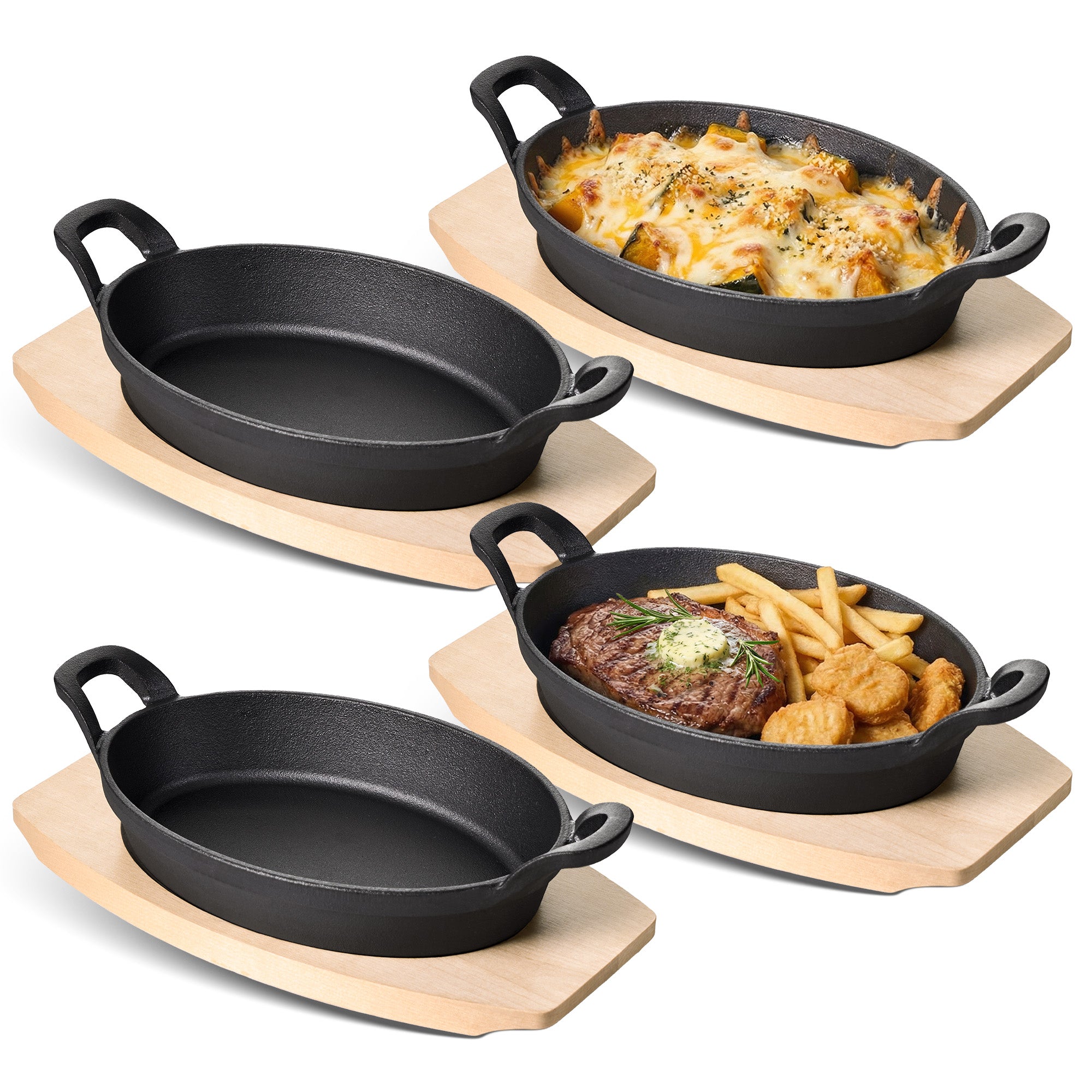 2 Pack Cast Iron Skillets Wooden Serving Trays Durable Eco-Friendly Food Safe No Coating PFOA/BPA Free Binaural Handles Baking (Set of 2)