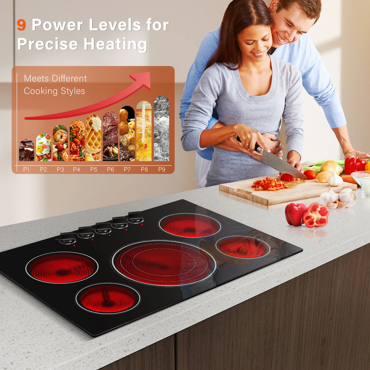 30 Inch Built-in Electric Cooktop with Expandable Triple Ring Burners, 5 Burner 9000W Ceramic Stove Top - Easy Knob Controls