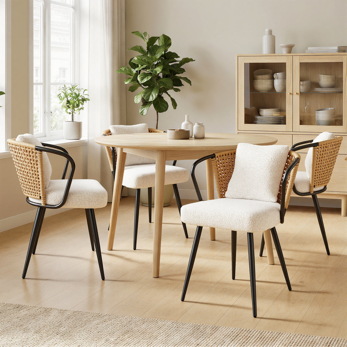 Modern Light Dining Chair with Teddy Upholstery & Fleece Cushion Ergonomic Armchair for Home Office & Hotel Use (Set of 4)