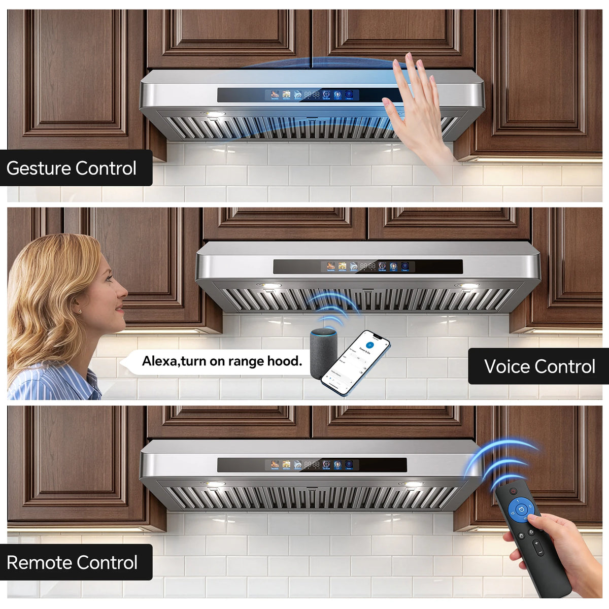 Tieasy Under Cabinet Range Hood 36 Inch, 900 CFM  Voice/Gesture/Remote/Touch Control, Memory Function