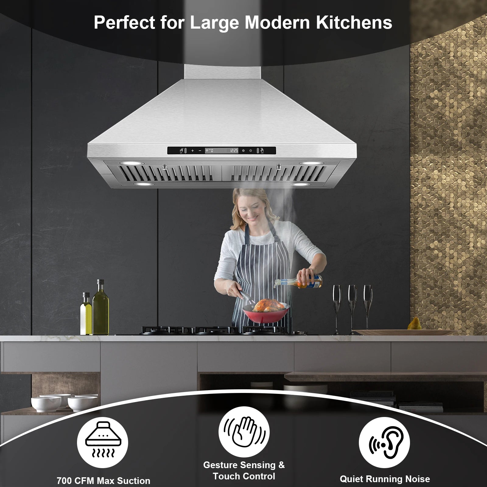30" Island Range Hood 700 CFM Ceiling Mount Kitchen Vent Hood with Gesture/Touch Control, 3Speed Fan & 4 LED Lights,Time Setting
