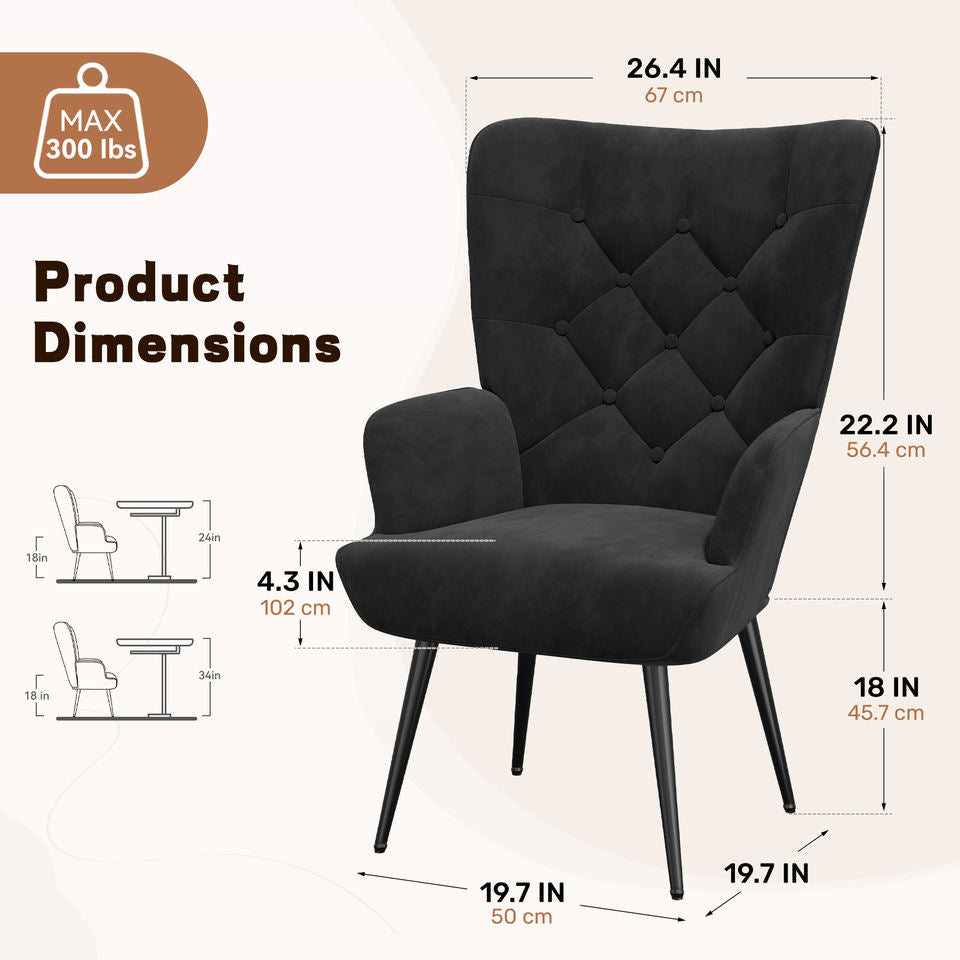Mid Century Modern Velvet Convertible Accent Chair Durable Tufted Button Wing Back Metal Legs Living Room Home Apartment Dining