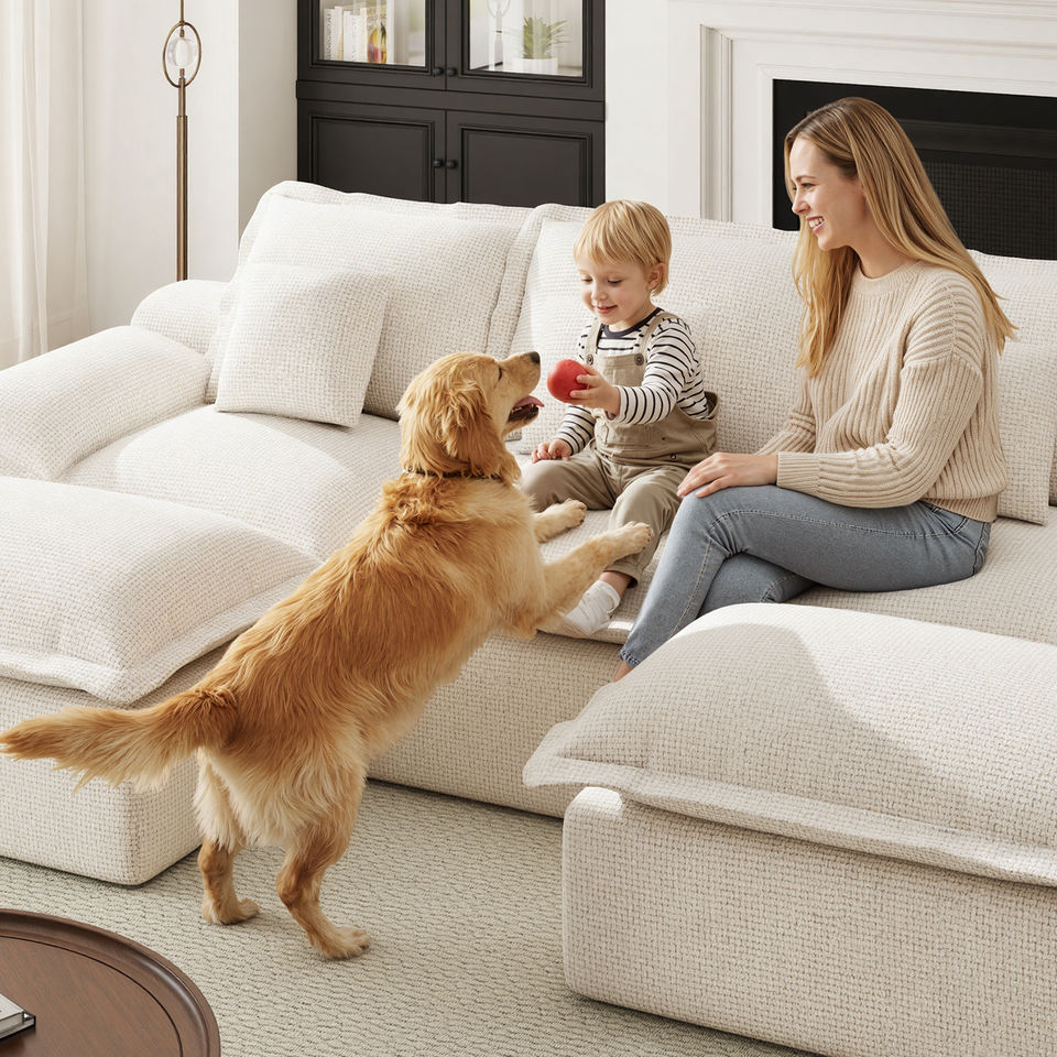 Modular Modern Square Chenille Upholstered Sofa Bed Set with 2 Ottomans 3-Seater No Assembly Required Sponge-Filled for Hall Use