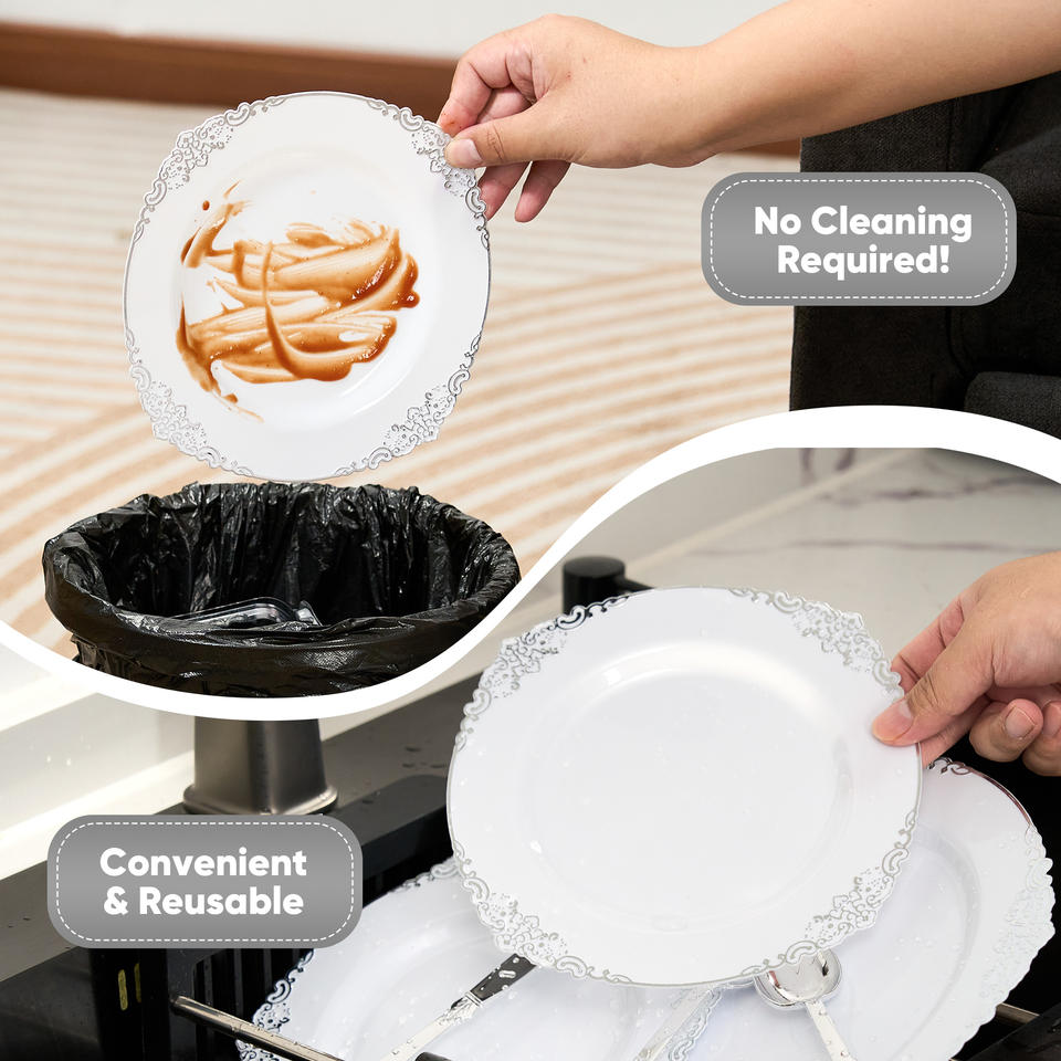 350PCS Disposable PET Dinnerware Set Tableware Kit Plates Cups Cutlery Napkins Gold Rim Freezer Safe BPA-Free Eco-Friendly
