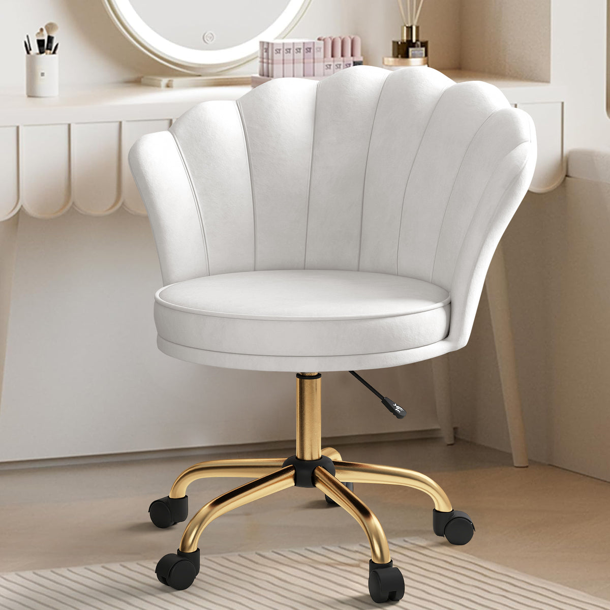 Modern Velvet Swivel Vanity Chair with Petal Back Ergonomic Design Height Adjustable for Bedroom Home Hotel Dressing Room