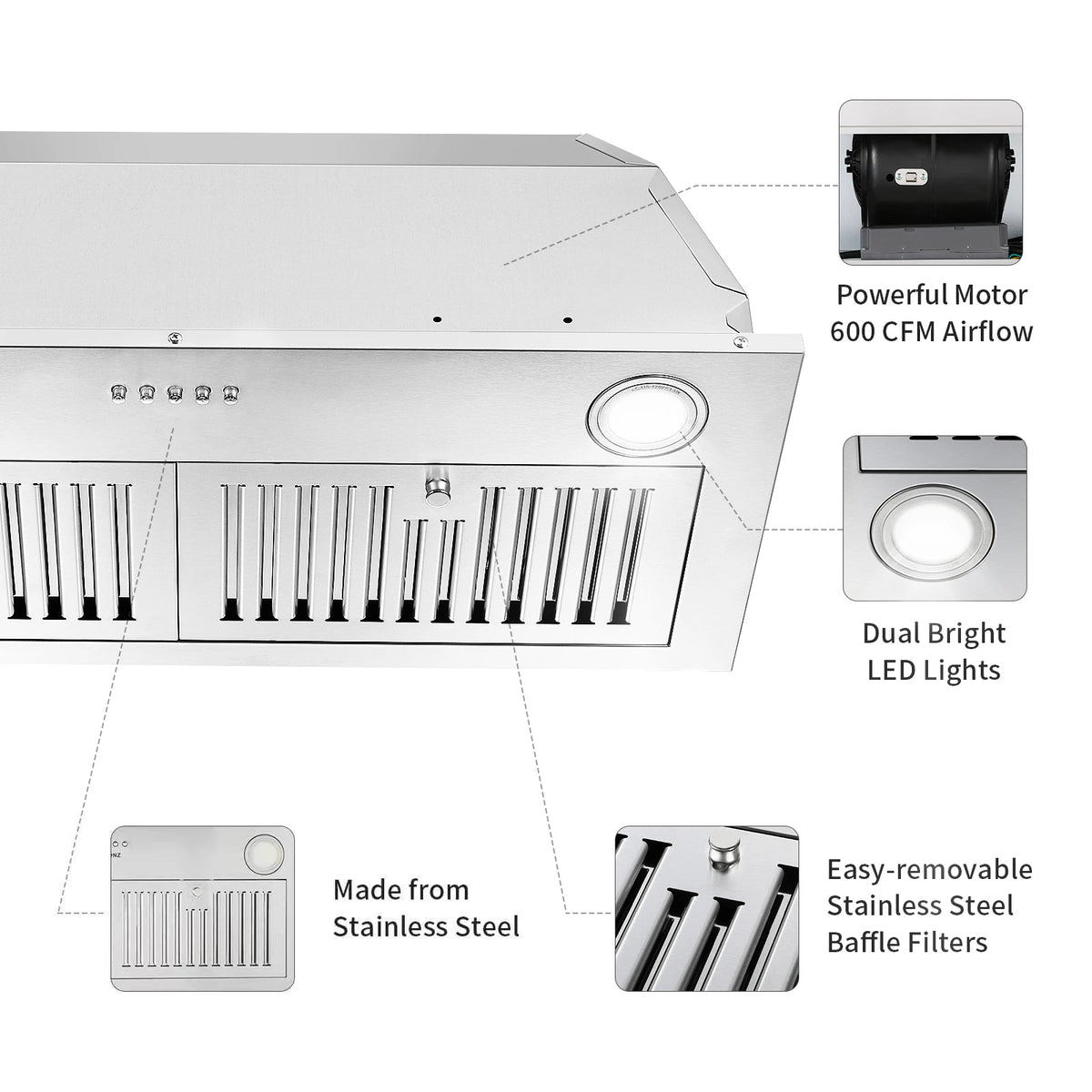 Range Hood Insert 30inch,Stainless Steel Kitchen Vent Hood 600CFM,Built-in Kitchen Stove Hood W/Front Button Controls,LED Lights