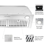 Range Hood Insert 30inch,Stainless Steel Kitchen Vent Hood 600CFM,Built-in Kitchen Stove Hood W/Front Button Controls,LED Lights