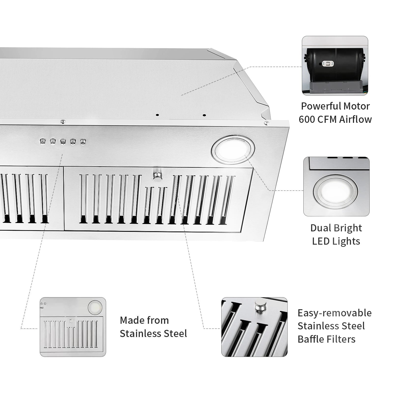 Range Hood Insert 30inch,Stainless Steel Kitchen Vent Hood 600CFM,Built-in Kitchen Stove Hood W/Front Button C - view 2