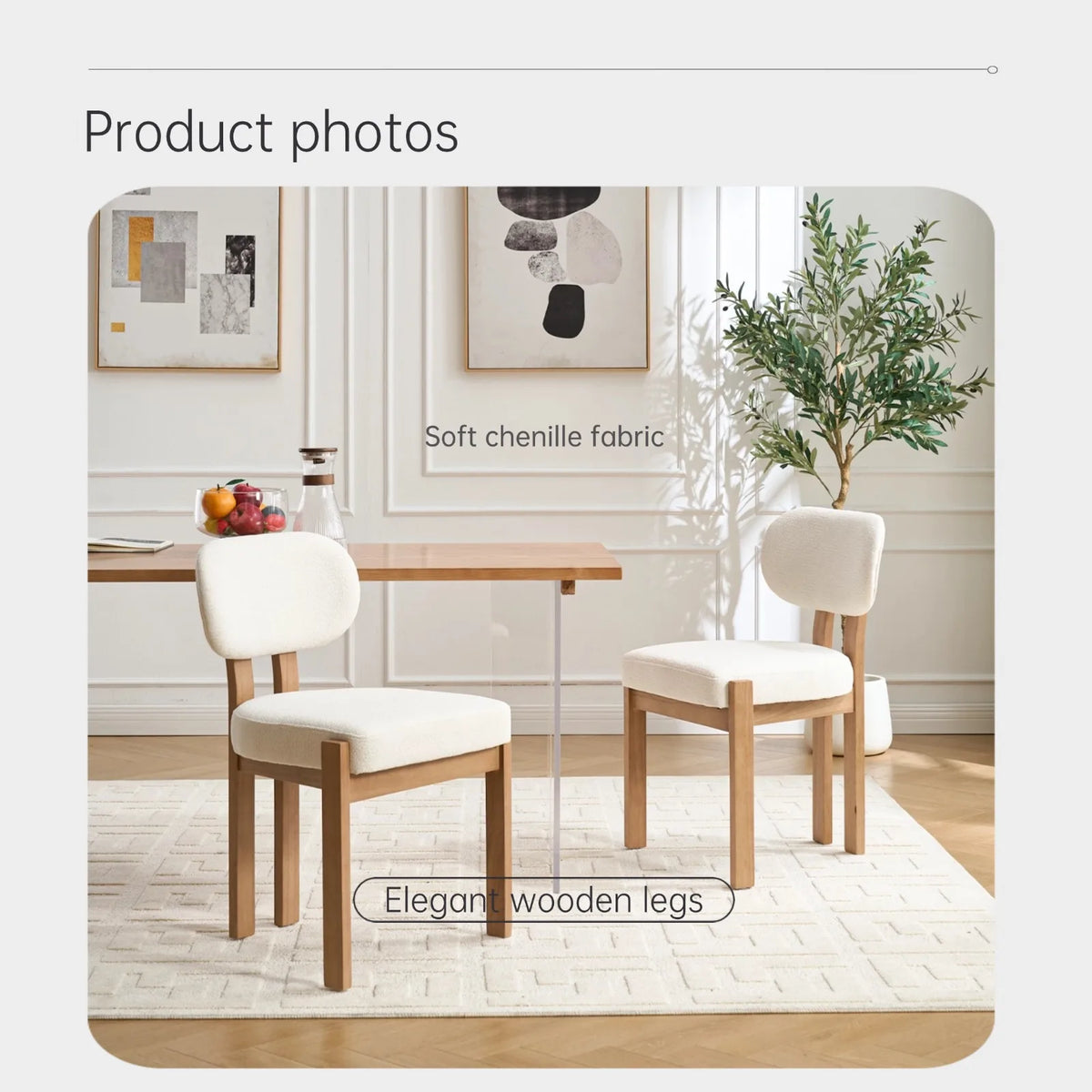Modern Dining Room Chairs Set of 2, Minimalist Upholstered Chenile Fabric Kitchen Chair with Wooden Legs (Lake Blue/beige/grey)