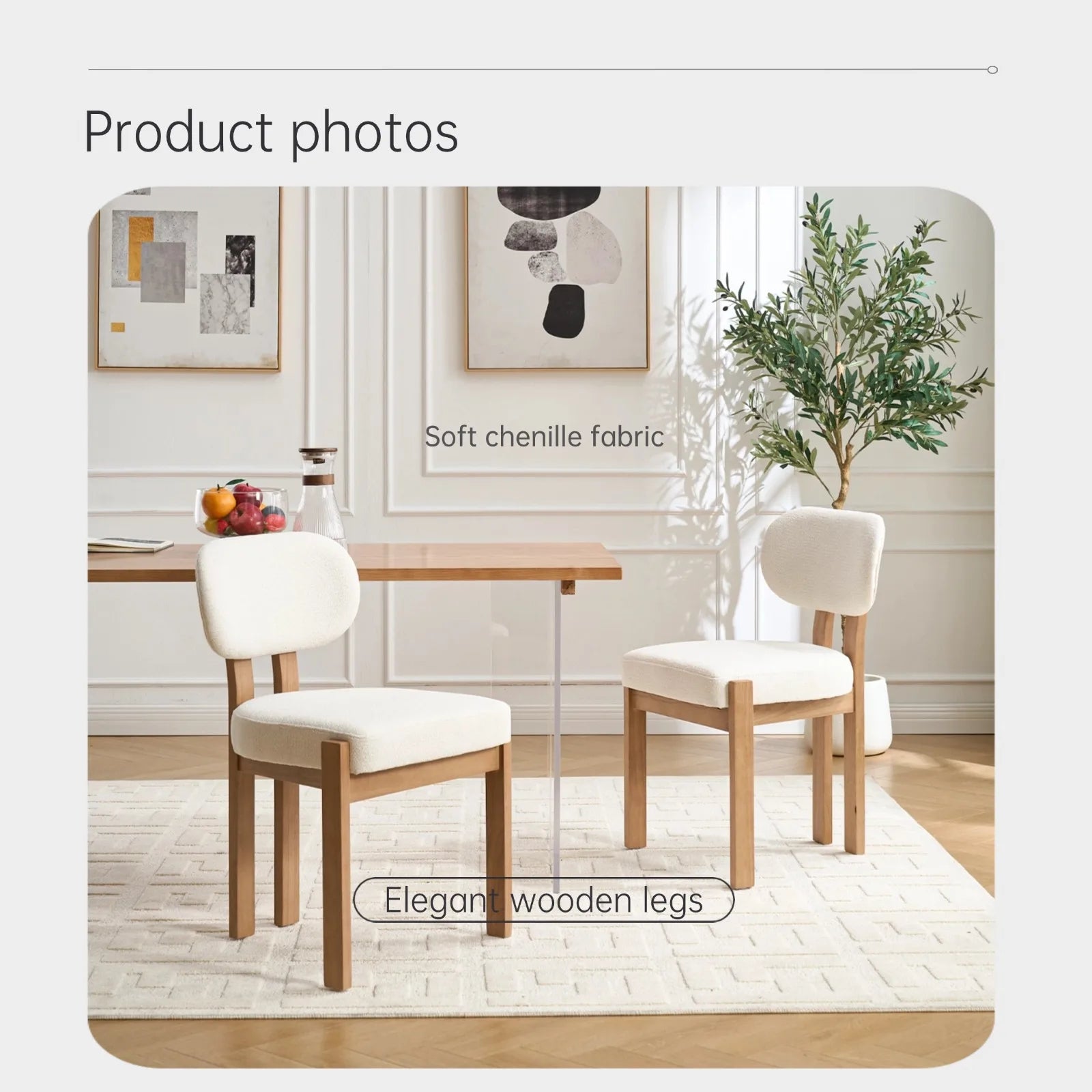 Modern Dining Room Chairs Set of 2, Minimalist Upholstered Chenile Fabric Kitchen Chair with Wooden Legs (Lake - view 7
