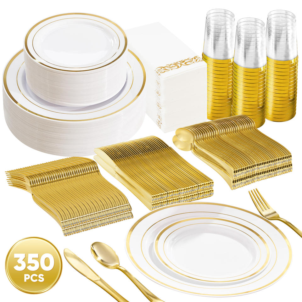 350PCS Disposable PET Dinnerware Set Eco-Friendly BPA Free Complete Tableware Kit Plates Cups Cutlery Napkins Wedding Party