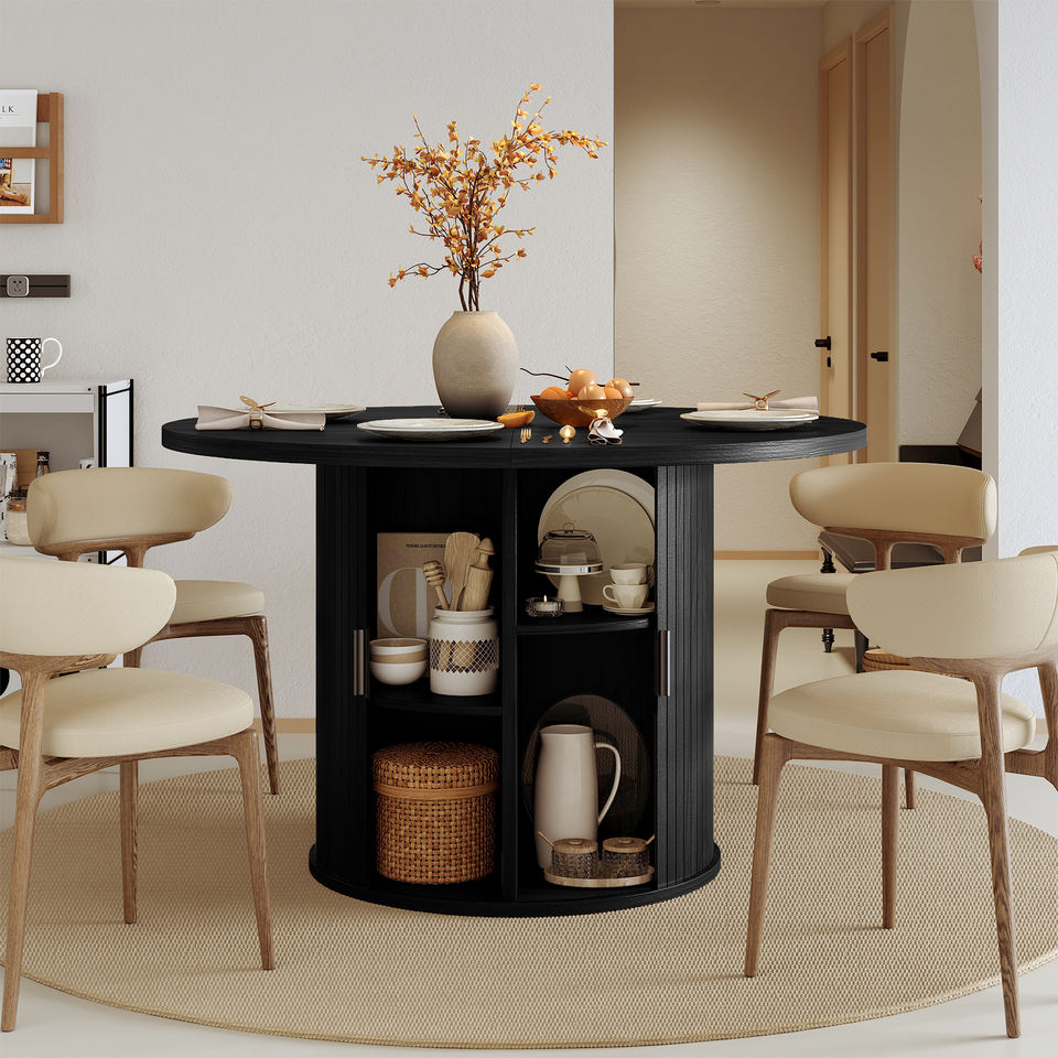 Black solid wood convertible dining table with hidden sliding door storage compartment