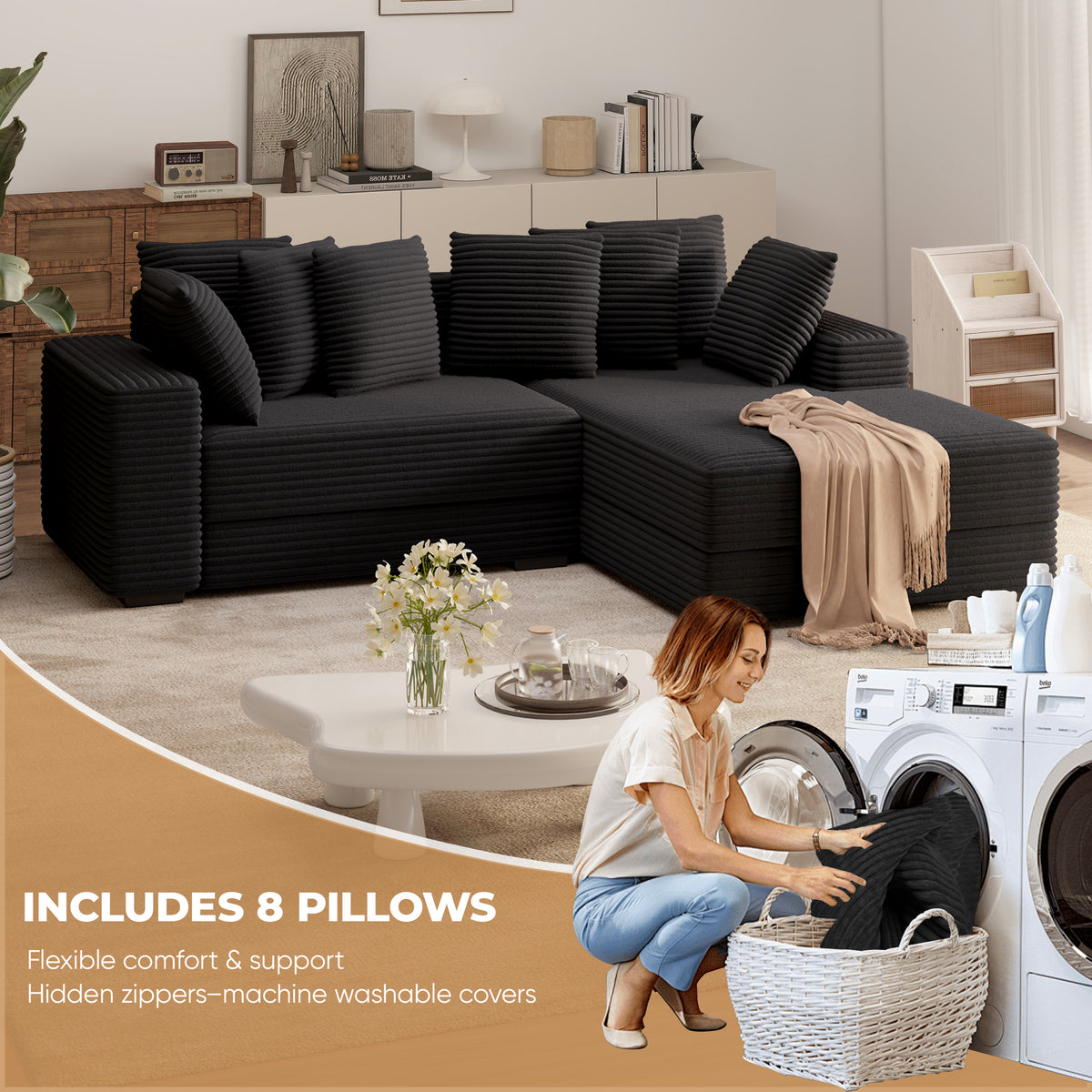 Modern Sectional Sofa Bed Set L-Shape Chaise Foldable Non-Inflatable Sponge Extra Large Reversible Corduroy Cover Metal Frame