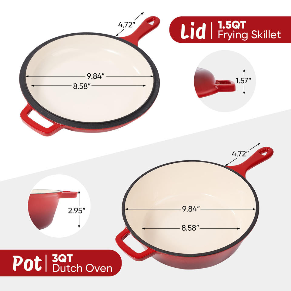 Ceramic Enameled 2-in-1 Dutch Oven Skillet Set 3QT + 1.5QT Non-Stick Dishwasher Safe Casserole Cookware Stainless Steel Bottom