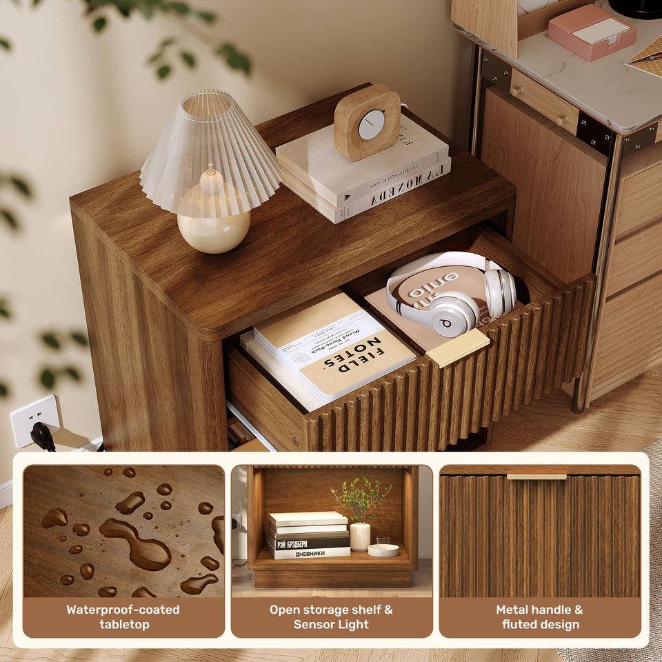 Multi-Functional Modern Eco-Friendly Wooden Nightstand Sensor LED Lights Charging Ports Open Storage Fluted Bedroom Furniture (Set of 2)