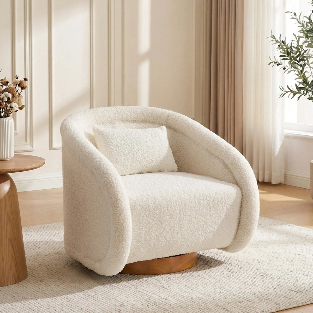 Modern Beige Teddy Fabric Round 360 Degree Swivel Barrel Accent Arm Chair with Padded Seat and Wooden Base for Cozy Living Rooms