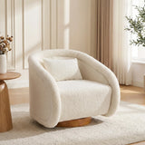 Modern Beige Teddy Fabric Round 360 Degree Swivel Barrel Accent Arm Chair with Padded Seat and Wooden Base for Cozy Living Rooms